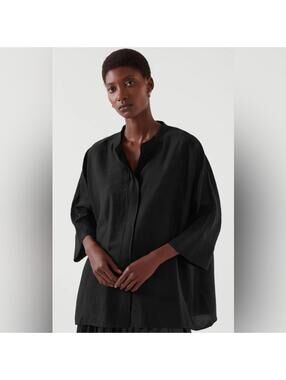 COS Black Oversized Crinkle Boxy Shirt Mandarin Collar – Size M | Minimalist